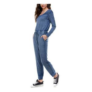 PLANET GOLD Womens Navy Gathered Long Sleeve Scoop Neck Cuffed Jumpsuit S